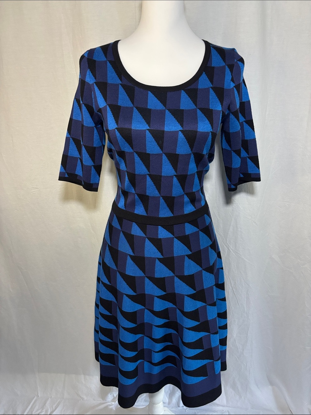 Unique Edgy Housewife  Blue and Black Geometric Knit Dress - (78)